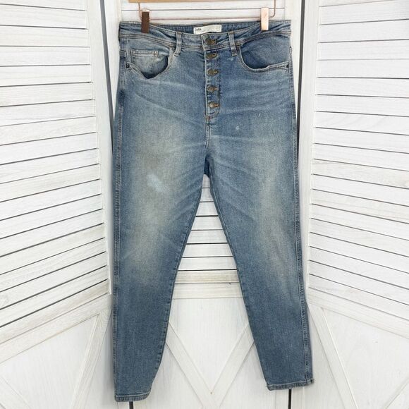 Zara Distressed High Rise Button Fly Crop Jeans Size 6 Blue - Picture 1 of 13